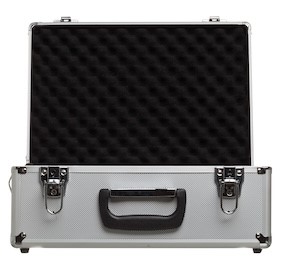 Open aluminum case with rifle