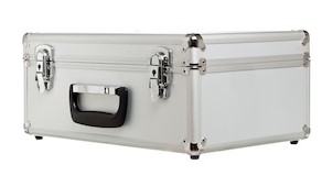 Open aluminum case with rifle